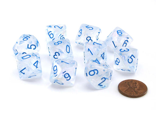 Pack of 10 Luminary Borealis 16mm D10 Dice - Icicle with Light Blue Numbers