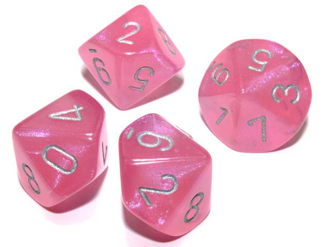 Pack of 10 Luminary Borealis 16mm D10 Dice - Pink with Silver Numbers
