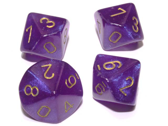 Pack of 10 Luminary Borealis 16mm D10 Dice - Royal Purple with Gold Numbers