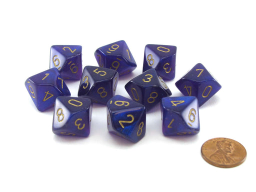 Pack of 10 Luminary Borealis 16mm D10 Dice - Royal Purple with Gold Numbers