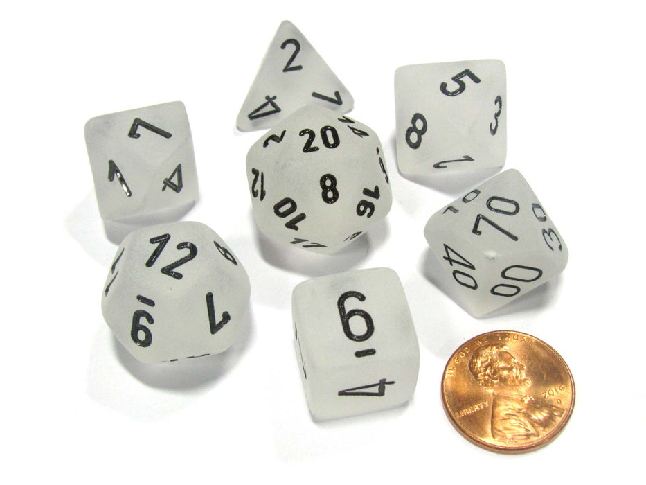 Polyhedral 7-Die Frosted Chessex Dice Set - Clear with Black Numbers