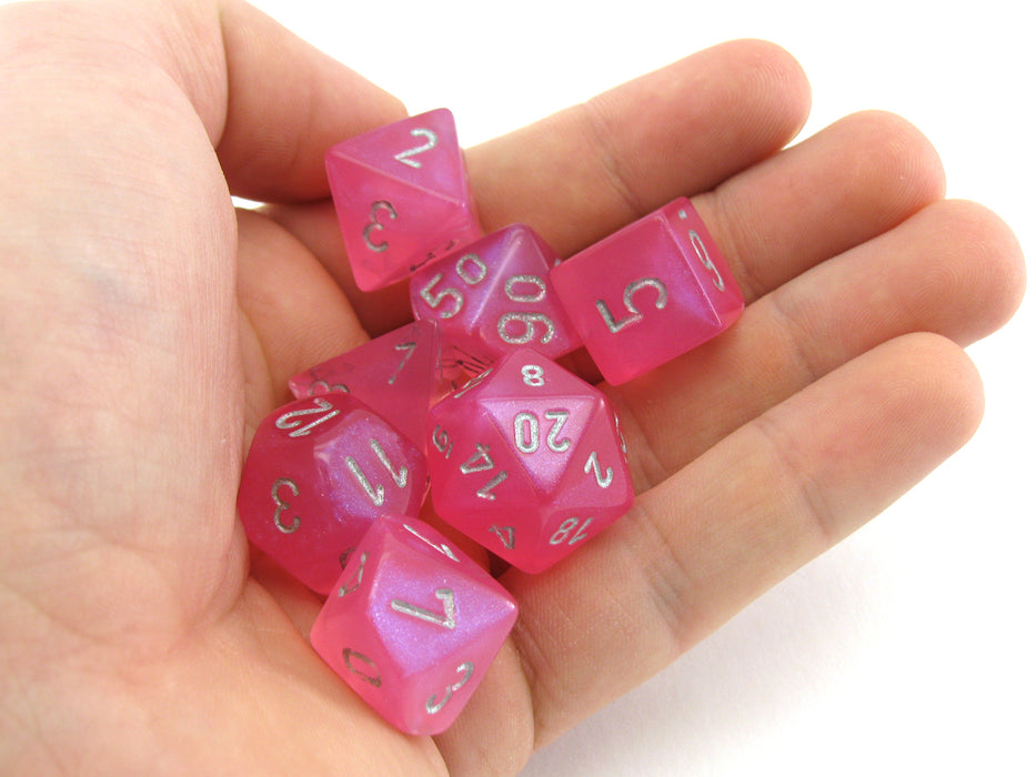 Polyhedral 7-Die Borealis Chessex Dice Set - Pink with Silver Numbers