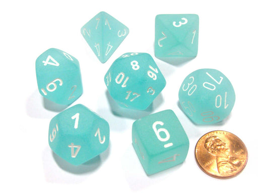 Polyhedral 7-Die Frosted Chessex Dice Set - Teal with White Numbers