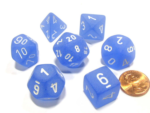 Polyhedral 7-Die Frosted Chessex Dice Set - Blue with White Numbers