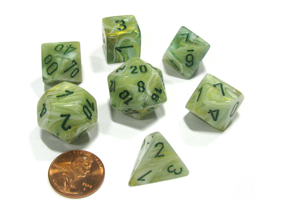 Polyhedral 7-Die Marble Chessex Dice Set - Green with Dark Green Numbers