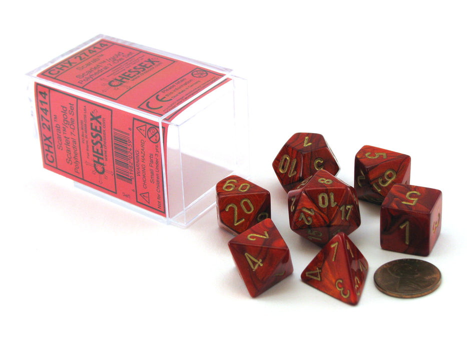Polyhedral 7-Die Scarab Chessex Dice Set - Scarlet with Gold Numbers