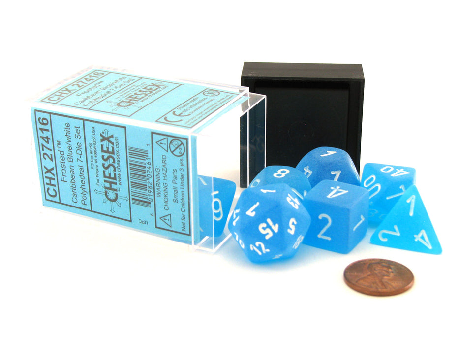 Polyhedral 7-Die Frosted Chessex Dice Set - Caribbean Blue with White Numbers