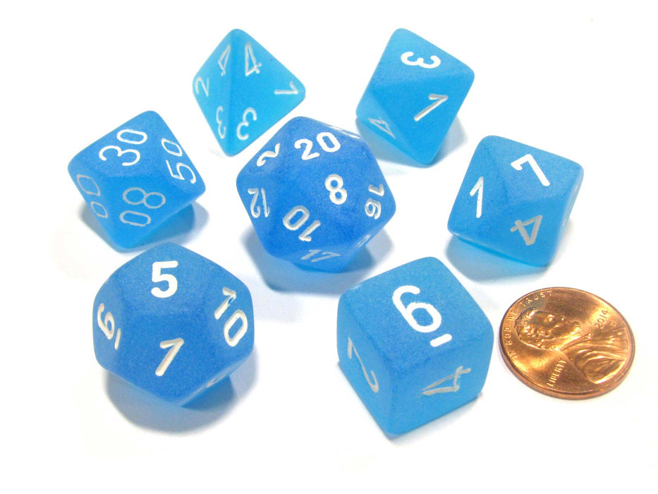 Polyhedral 7-Die Frosted Chessex Dice Set - Caribbean Blue with White Numbers