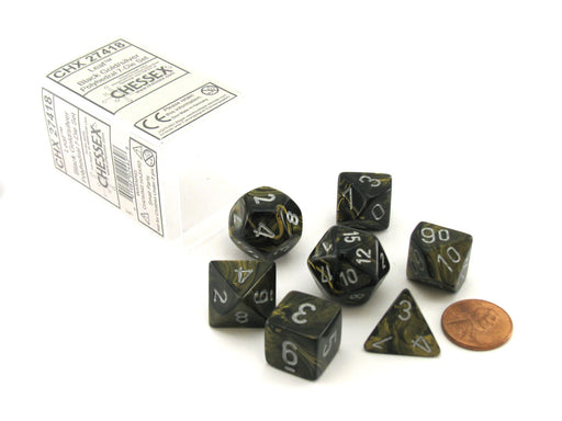 Polyhedral 7-Die Leaf Chessex Dice Set - Black Gold with Silver Numbers