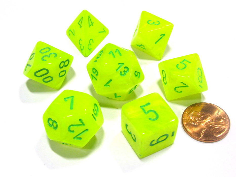 Polyhedral 7-Die Vortex Chessex Dice Set - Bright Electric Yellow with Green