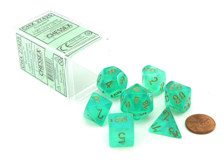 Polyhedral 7-Die Borealis Chessex Dice Set - Light Green with Gold Numbers