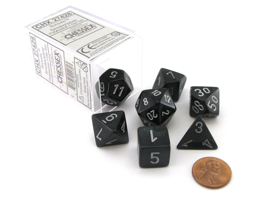 Polyhedral 7-Die Borealis Chessex Dice Set - Smoke with Silver Numbers