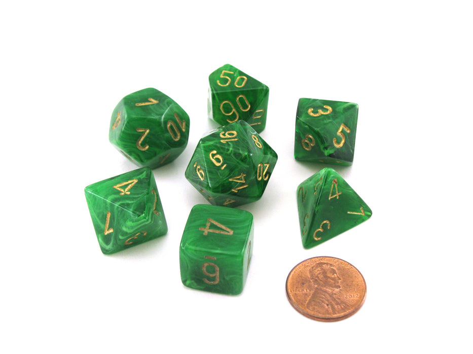 Polyhedral 7-Die Vortex Chessex Dice Set - Green with Gold Numbers