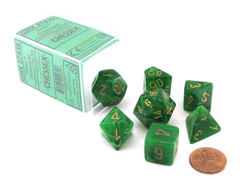 Polyhedral 7-Die Vortex Chessex Dice Set - Green with Gold Numbers