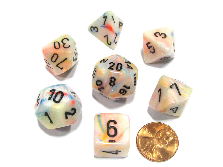 Polyhedral 7-Die Festive Chessex Dice Set - Circus with Black Numbers