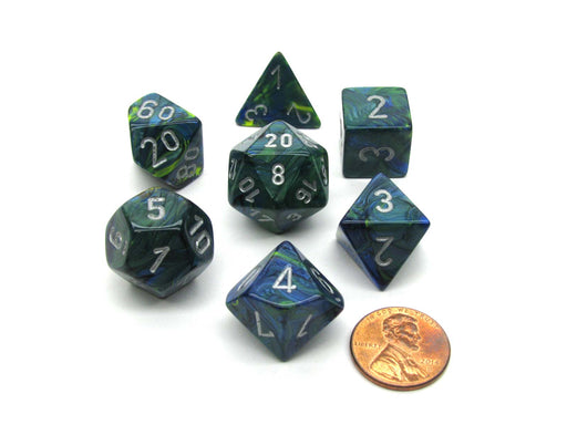 Polyhedral 7-Die Festive Chessex Dice Set - Green with Silver Numbers