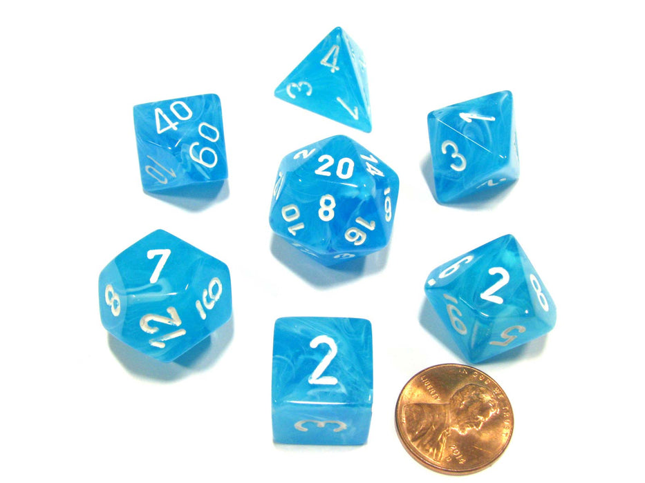 Polyhedral 7-Die Cirrus Chessex Dice Set - Light Blue with White Numbers