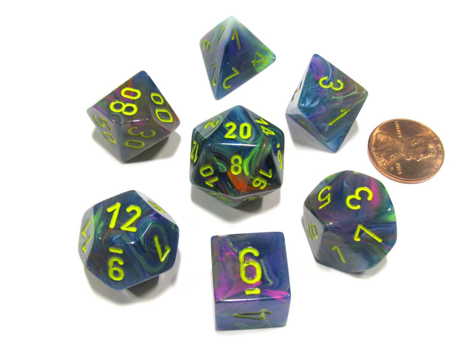 Polyhedral 7-Die Festive Chessex Dice Set - Rio with Yellow Numbers