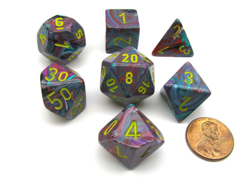 Polyhedral 7-Die Festive Chessex Dice Set - Mosaic with Yellow Numbers