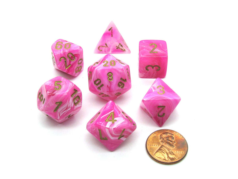 Polyhedral 7-Die Vortex Chessex Dice Set - Pink with Gold Numbers
