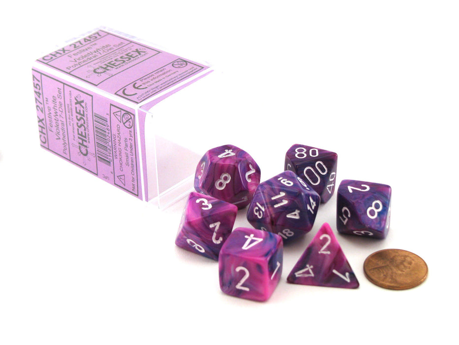 Chessex Polyhedral 7-Die Festive Dice Set - Violet (Purple) with White Numbers