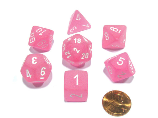 Polyhedral 7-Die Frosted Chessex Dice Set - Pink with White Numbers