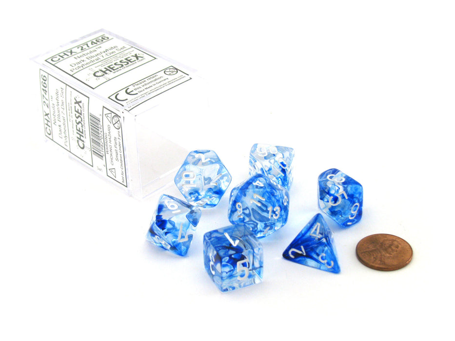 Polyhedral 7-Die Nebula Chessex Dice Set - Dark Blue with White Numbers