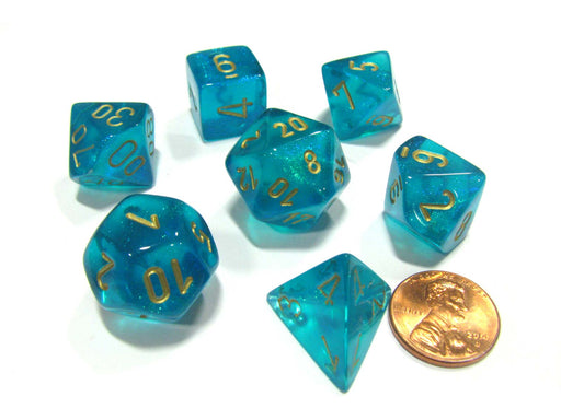 Polyhedral 7-Die Borealis Chessex Dice Set - Teal with Gold Numbers