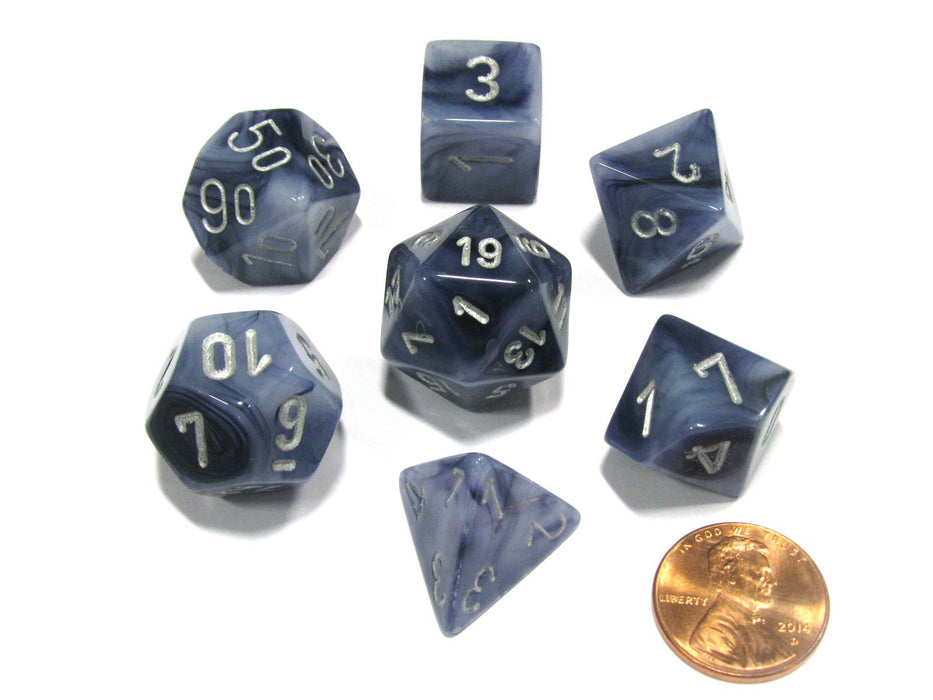 Polyhedral 7-Die Phantom Chessex Dice Set - Black with Silver Numbers