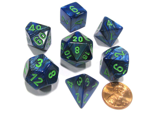 Polyhedral 7-Die Lustrous Chessex Dice Set - Dark Blue with Green