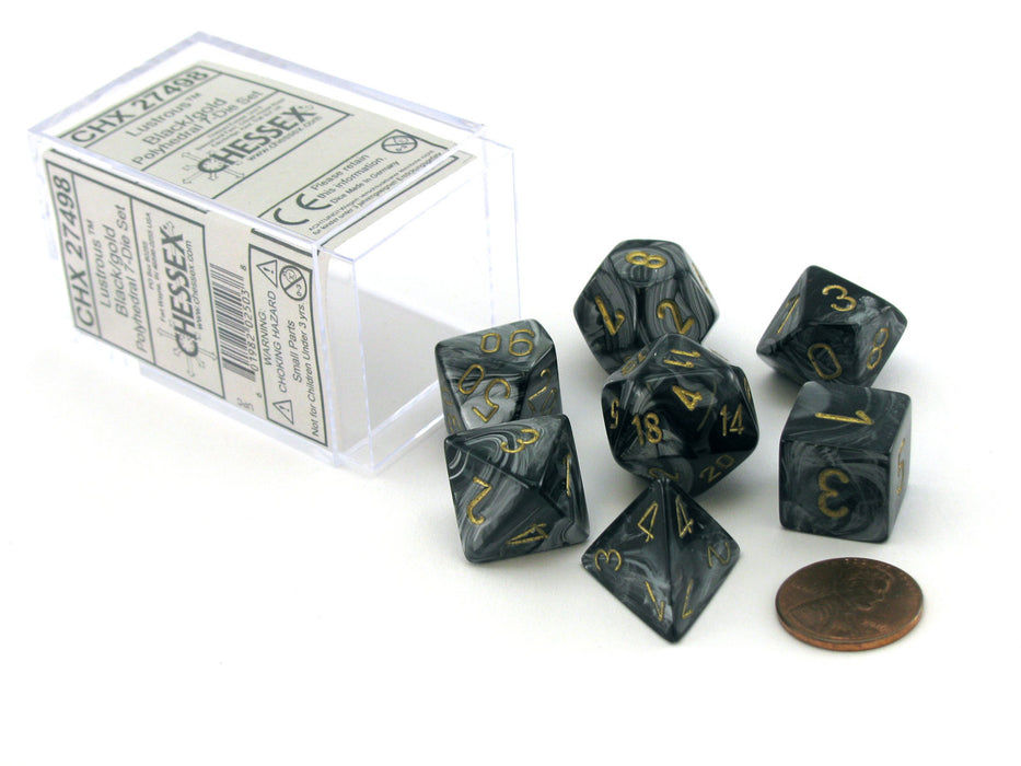 Polyhedral 7-Die Lustrous Chessex Dice Set - Black with Gold Numbers