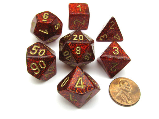 Polyhedral 7-Die Glitter Chessex Dice Set - Ruby Red with Gold Numbers