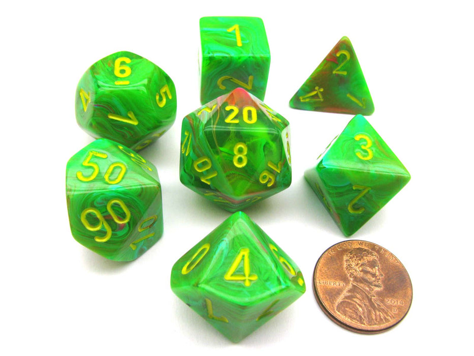 Polyhedral 7-Die Vortex Chessex Dice Set - Slime with Yellow Numbers