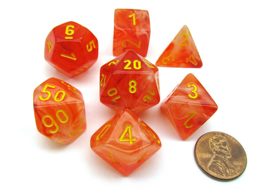 Polyhedral 7-Die Ghostly Glow Chessex Dice Set - Orange with Yellow Numbers