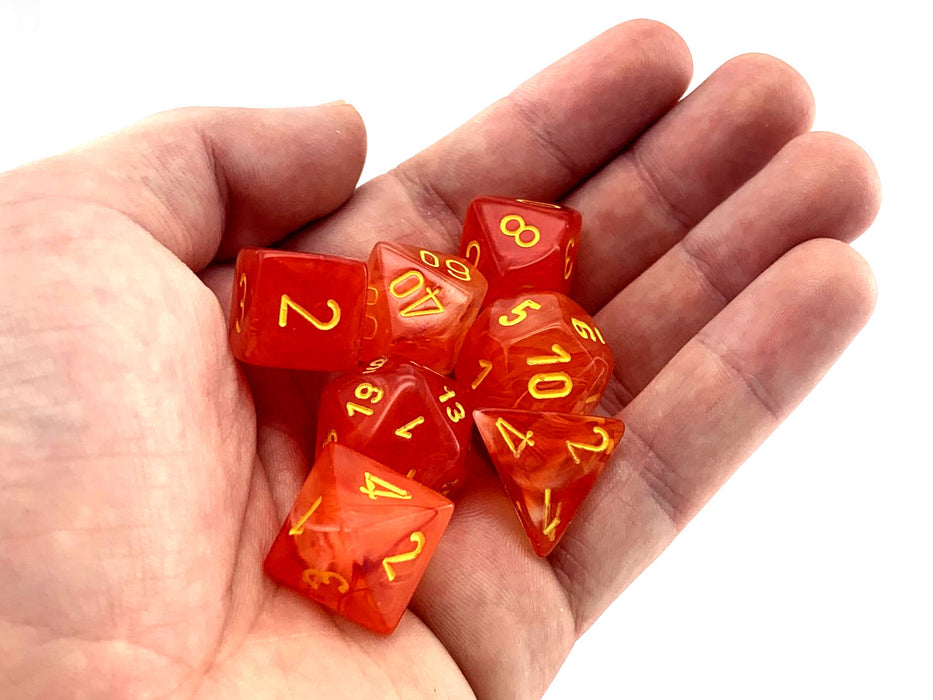 Polyhedral 7-Die Ghostly Glow Chessex Dice Set - Orange with Yellow Numbers