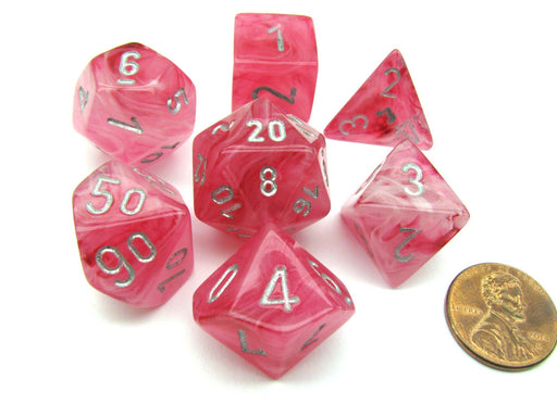 Polyhedral 7-Die Ghostly Glow Chessex Dice Set - Pink with Silver Numbers