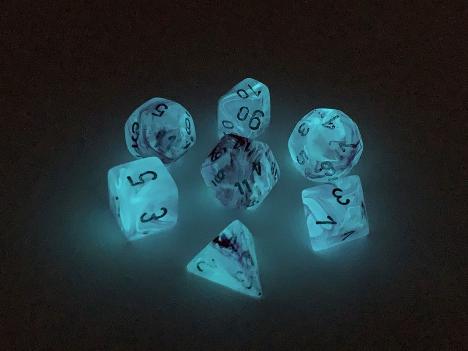 Polyhedral 7-Die Ghostly Glow Chessex Dice Set - Pink with Silver Numbers