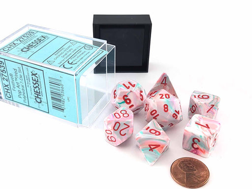 Polyhedral 7-Die Festive Chessex Dice Set - Pop Art with Red Numbers