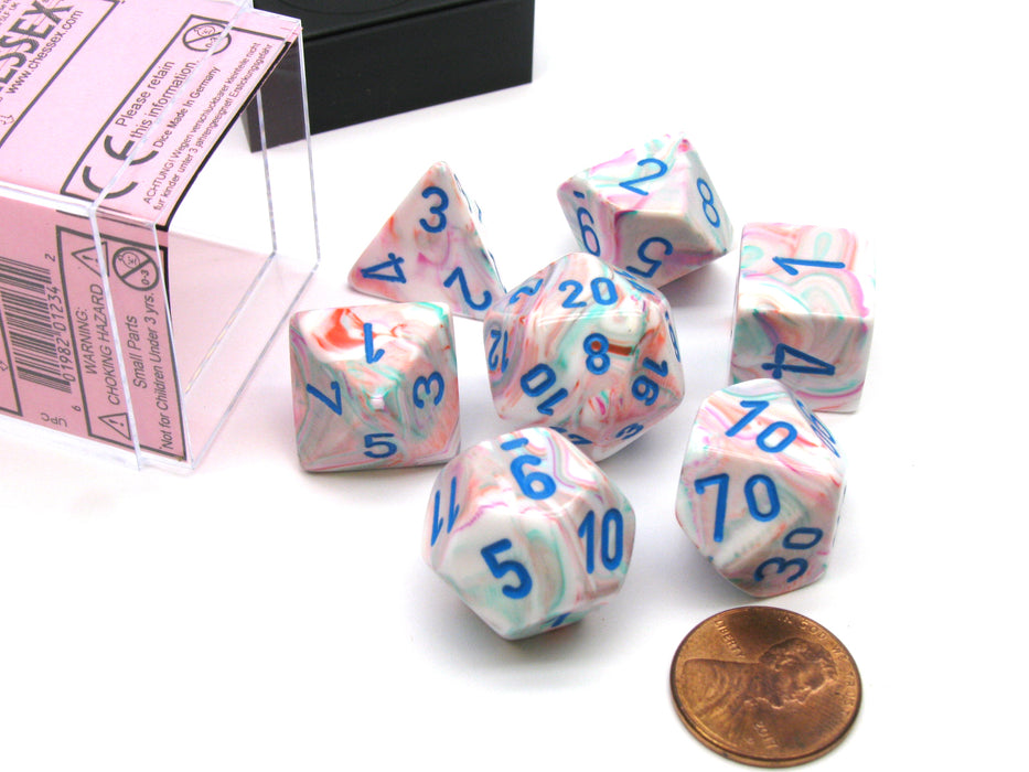Polyhedral 7-Die Festive Chessex Dice Set - Pop Art with Blue Numbers
