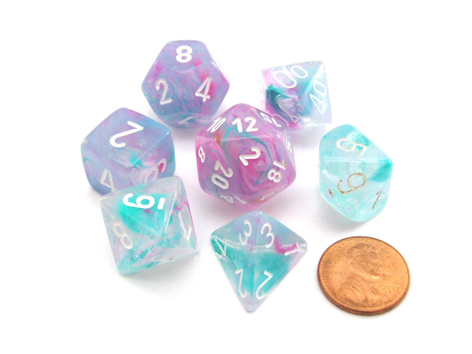 7 Piece Polyhedral DnD Nebula Dice Set with Luminary - Wisteria with White