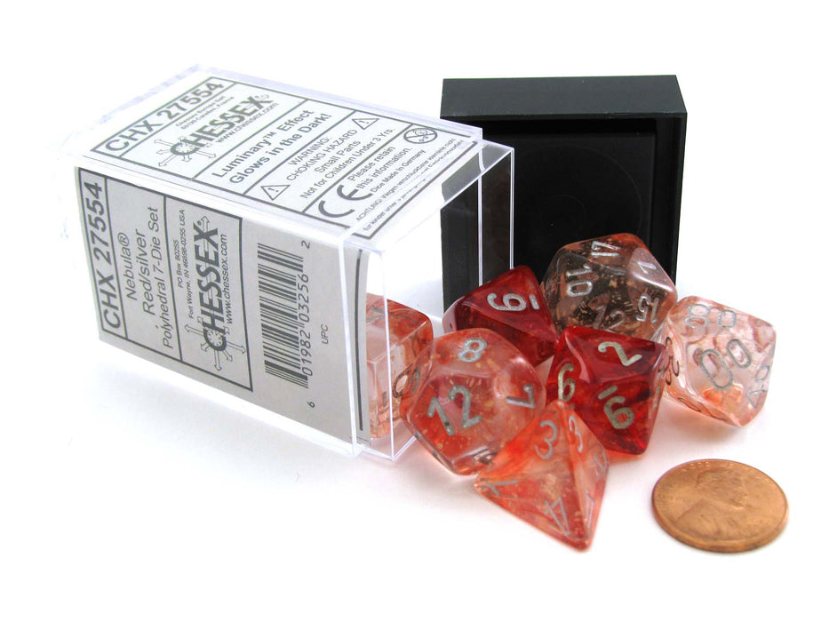7 Piece Polyhedral DnD Nebula Dice Set with Luminary - Red with Silver Numbers