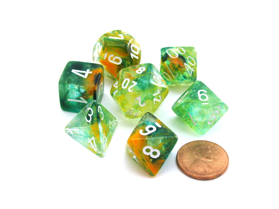 7 Piece Polyhedral DnD Nebula Dice Set with Luminary - Spring with White Numbers