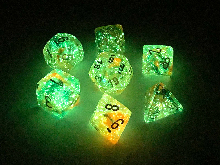 7 Piece Polyhedral DnD Nebula Dice Set with Luminary - Spring with White Numbers