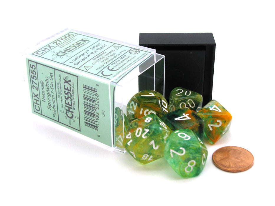 7 Piece Polyhedral DnD Nebula Dice Set with Luminary - Spring with White Numbers