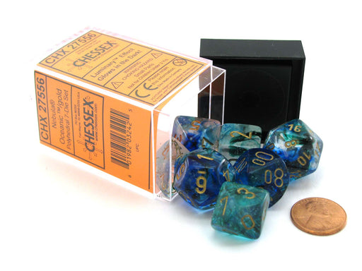7 Piece Polyhedral DnD Nebula Dice Set with Luminary - Oceanic with Gold Numbers