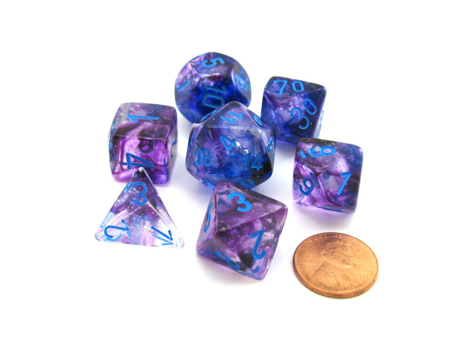 7 Piece Polyhedral DnD Nebula Dice Set with Luminary - Nocturnal with Blue