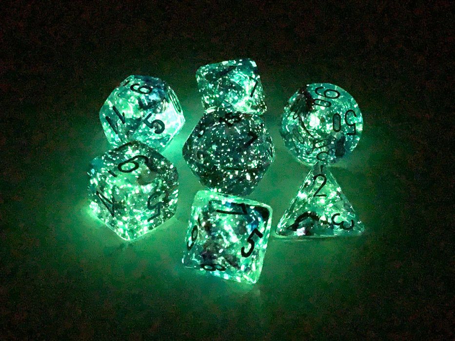 7 Piece Polyhedral DnD Nebula Dice Set with Luminary - Nocturnal with Blue
