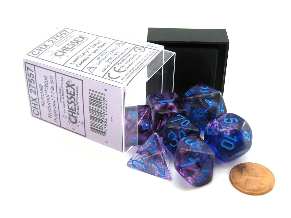 7 Piece Polyhedral DnD Nebula Dice Set with Luminary - Nocturnal with Blue