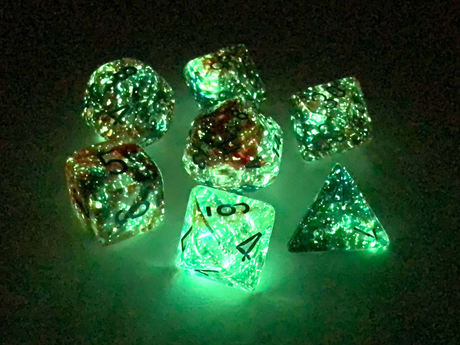 7 Piece Polyhedral DnD Nebula Dice Set with Luminary - Primary with Blue Numbers