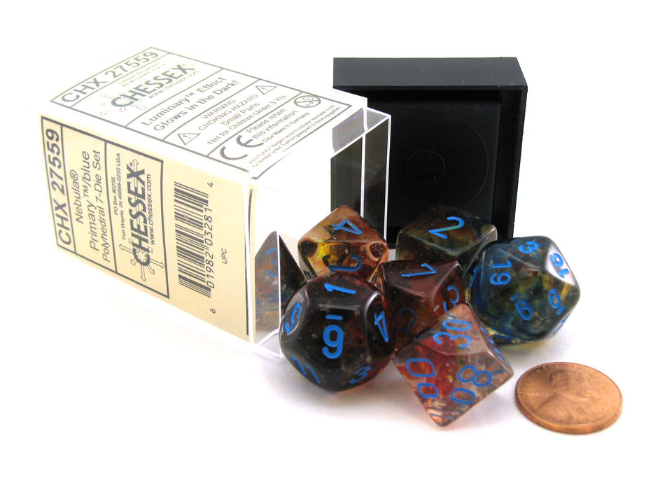 7 Piece Polyhedral DnD Nebula Dice Set with Luminary - Primary with Blue Numbers